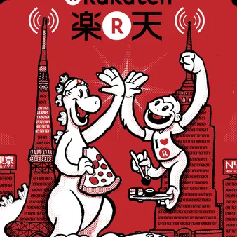 Rakuten Illustration with a Godzilla-looking kaiju high-fiving a King Kong-looking kaiju